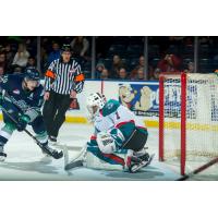 Kelowna Rockets Goaltender James Porter stops the Seattle Thunderbirds