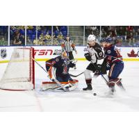 Tyler Benson of the Vancouver Giants in front of the Kamloops Blazers goal