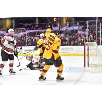 Cleveland Monsters Center Alex Broadhurst celebrates a Cleveland goal