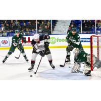 Vancouver Giants control the puck in front of the Everett Silvertips goal