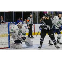 Florida Everblades Goaltender Callum Booth handles a Jacksonville Icemen shot