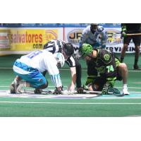 Jake Withers of the Rochester Knighthawks and the Saskatchewan Rush faceoff