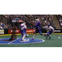 Paul Dawson of the Rochester Knighthawks moves in on the Toronto Rock goal
