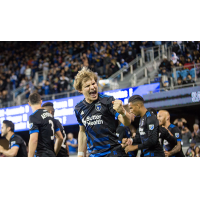 Florian Jungwirth of the San Jose Earthquakes celebrates Magnus Eriksson's goal in the 26th minute