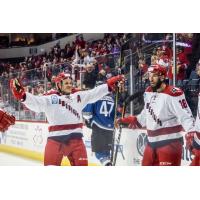 David Makowski and Zach Pochiro celebrate an Allen Americans' goal