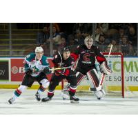 Kelowna Rockets LW Conner Bruggen-Cate (left) in front of the Prince George Cougars' goal