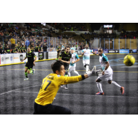 St. Louis Ambush goalkeeper Paulo lunges for a Milwaukee Wave shot attempt
