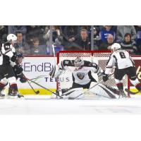 Vancouver Giants goaltender Trent Miner is tested by the Kamloops Blazers