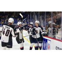 Bowen Byram and his Vancouver Giants teammates celebrate a goal
