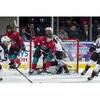 Kelowna Rockets set up in front of the Vancouver Giants goal