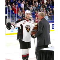 Vancouver Giants right wing Jared Dmitriw with the Western Conference Championship trophy