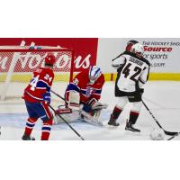 Justin Sourdif of the Vancouver Giants after a shot against the Spokane Chiefs
