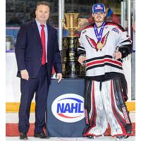 Aberdeen Wings goalie Matt Vernon is presented with the Robertson Cup Most Valuable Player Award by NAHL Commissioner Mark Frankenfeld