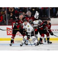 Vancouver Giants defencemen Kaleb Bulich (right) and Dylan Plouffe against the Portland Winterhawks
