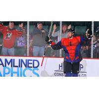 Adirondack Thunder, in Spider-Man jerseys, celebrate a goal in front of their fans