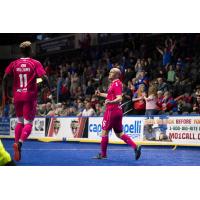 Adam James (right) and Kiel Williams of the Kansas City Comets react after a goal against the St. Louis Ambush