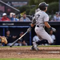 Anthony Volpe strokes a hit for the Somerset Patriots