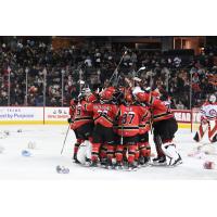 Calgary Hitmen celebrate after the 2022 ENMAX Teddy Bear Toss goal