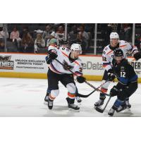 Lehigh Valley Phantoms' Darion Hanson battles Cleveland Monsters' Owen Sillinger