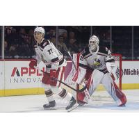 Grand Rapids Griffins defenseman Simon Edvinsson and goaltender Sebastian Cossa