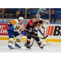 Saskatoon Blades' Ben Saunderson versus Moose Jaw Warriors' Atlee Calvert