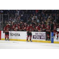 Tucson Roadrunners' Josh Doan and Dylan Guenther congratulated by team