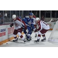 Peterborough Petes defenceman Carson Cameron (left) and centre Brody Partridge battle the Sudbury Wolves