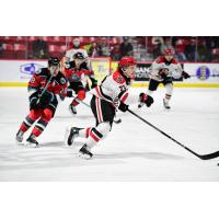 Kelowna Rockets' Andrew Cristall and Moose Jaw Warriors' Atley Calvert on the ice