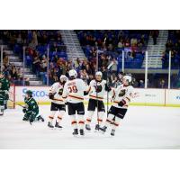 Vancouver Giants captain Sam Honzek celebrates with teammates