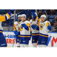 Saskatoon Blades react following a goal