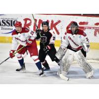 Allen Americans' Eric Williams and Chase Perry and Rapid City Rush's Keanu Yamamoto on game night