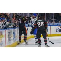 Wichita Thunder defenseman Xavier Pouliot (#81) battles the Kansas City Mavericks