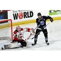 Prince George Cougars' Josh Ravensbergen versus Wenatchee Wild's Briley Wood