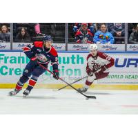 Saginaw Spirit's Rodwin Dionicio and Peterborough Petes' Tommy Purdeller on game night