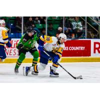 Prince Albert Raiders' Jacob Hoffrogge and Saskatoon Blades' Vaughn Watterodt in action