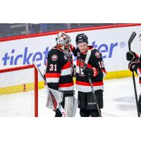 Belleville Senators goaltender Kevin Mandolese and centre Zack Ostapchuk