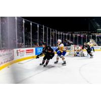 Red Deer Rebels' Dwayne Jean and Saskatoon Blades' Nicholas Andrusiak on game night