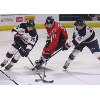 Saginaw Spirit's Jorian Donovan and Josh Bloom and Windsor Spitfires' Ethan Martin in action