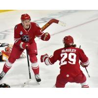 Allen Americans forwards Blake Murray and Colby McAuley celebrate a goal