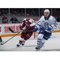 Peterborough Petes' Quinn Binnie and Mississauga Steelheads' Lucas Karmiris in action