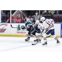 Kelowna Rockets' Hiroki Gojsic and Kamloops Blazers' Dylan Sydor and Ryan Michael in action