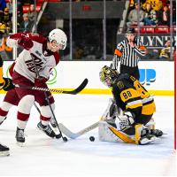 Peterborough Petes left wing Chase Lefebvre looks for a score against the Brantford Bulldogs