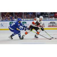 Wichita Thunder vie for the puck vs. the Kansas City Mavericks