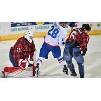 Adirondack Thunder's Vinnie Purpura and Ryan Wheeler and the Trois-Rivieres Lions' Parker Saretsky in action