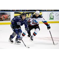 Victoria Royals' Cole Reschny versus Kelowna Rockets' Michael Cicek