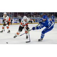 Michal Stinil of the Wichita Thunder fires a shot against the Kansas City Mavericks