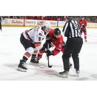 Lehigh Valley Phantoms forward Tanner Laczynski faces off with the Charlotte Checkers