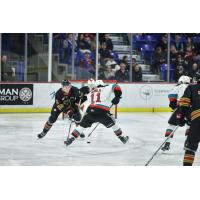 Vancouver Giants' Colton Roberts battles Kelowna Rockets' Tij Iginla