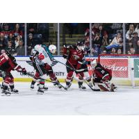 Vancouver Giants' Samuel Honzek and Brett Mirwald battle Kelowna Rocket's Ethan Neutens