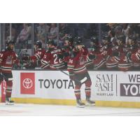 Tucson Roadrunners' Hunter Drew congratulated by team